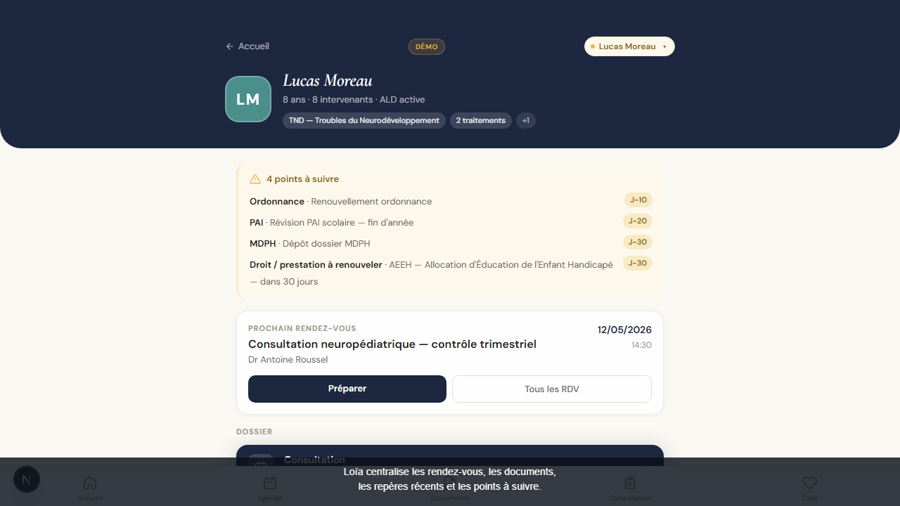 Fiche enfant dans Loïa : points à suivre (ordonnance, PAI, dossier MDPH), prochain rendez-vous et dossier
