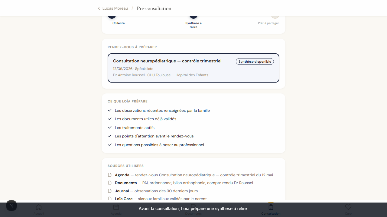 Préparation de consultation dans Loïa : ce que Loïa prépare et les sources utilisées, visibles et vérifiables